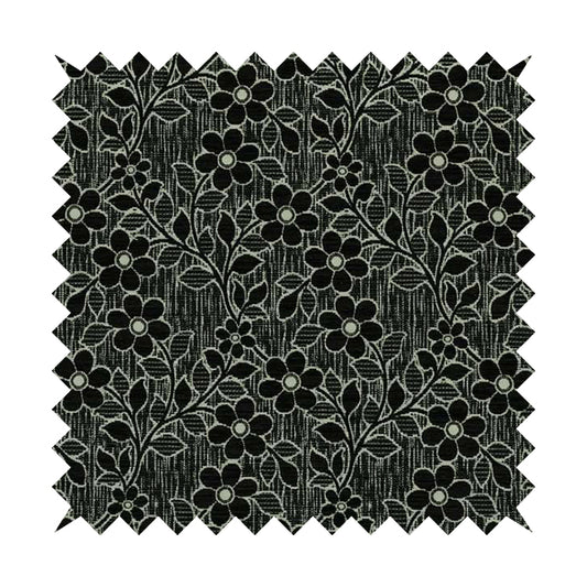 Davina Floral Pattern Textured Chenille Upholstery Curtain Fabric Black Colour CTR-620