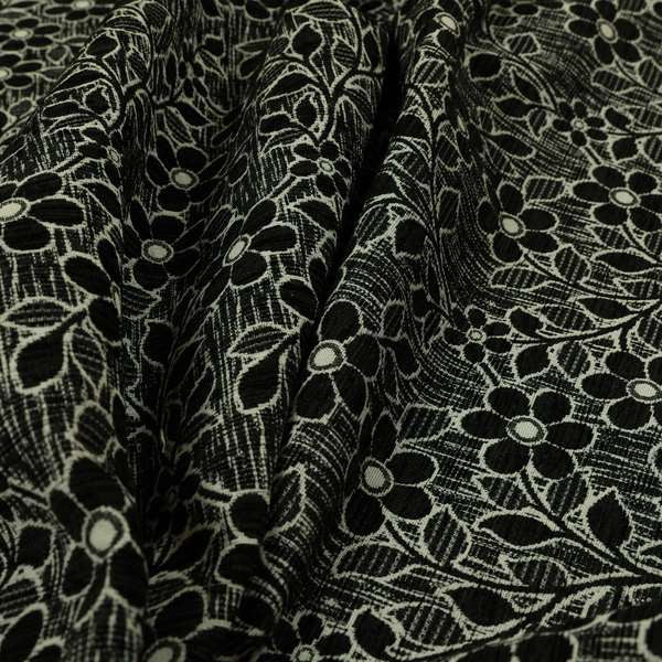 Davina Floral Pattern Textured Chenille Upholstery Curtain Fabric Black Colour CTR-620 - Made To Measure Curtains