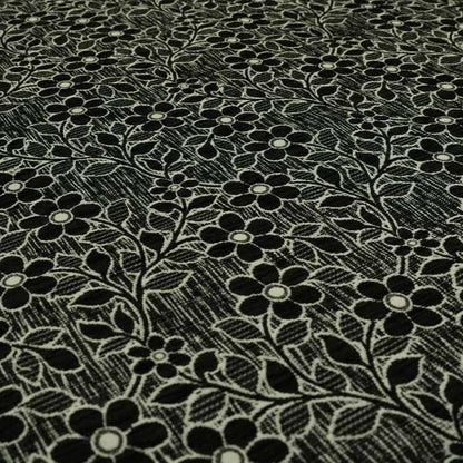 Davina Floral Pattern Textured Chenille Upholstery Curtain Fabric Black Colour CTR-620 - Made To Measure Curtains