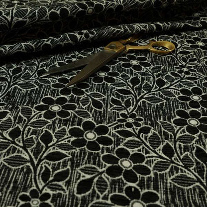 Davina Floral Pattern Textured Chenille Upholstery Curtain Fabric Black Colour CTR-620 - Roman Blinds