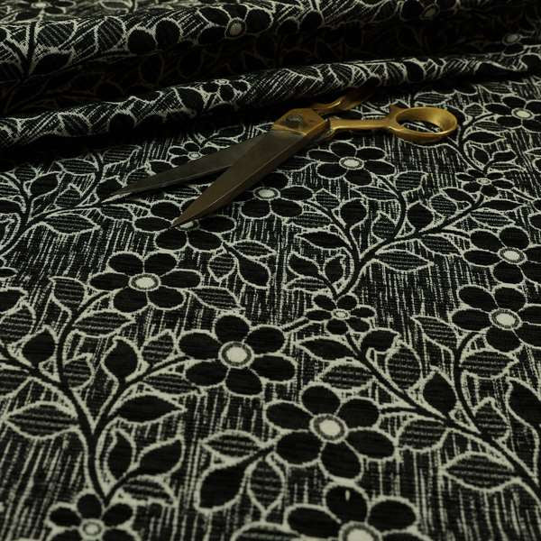 Davina Floral Pattern Textured Chenille Upholstery Curtain Fabric Black Colour CTR-620 - Made To Measure Curtains