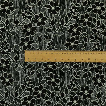 Davina Floral Pattern Textured Chenille Upholstery Curtain Fabric Black Colour CTR-620 - Made To Measure Curtains