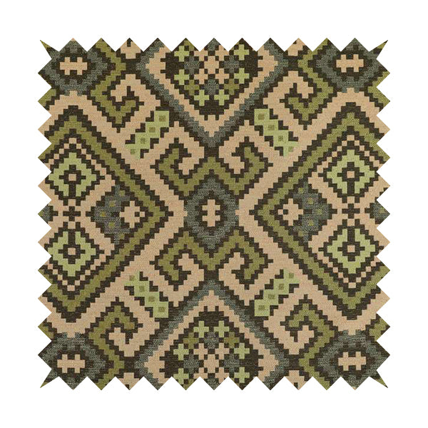 Inegal Modern Kilim Tetris Geometric Pattern Upholstery Furnishing Fabric In Green CTR-633 - Roman Blinds