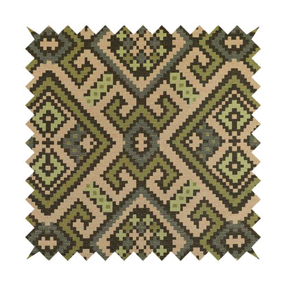 Inegal Modern Kilim Tetris Geometric Pattern Upholstery Furnishing Fabric In Green CTR-633 - Roman Blinds