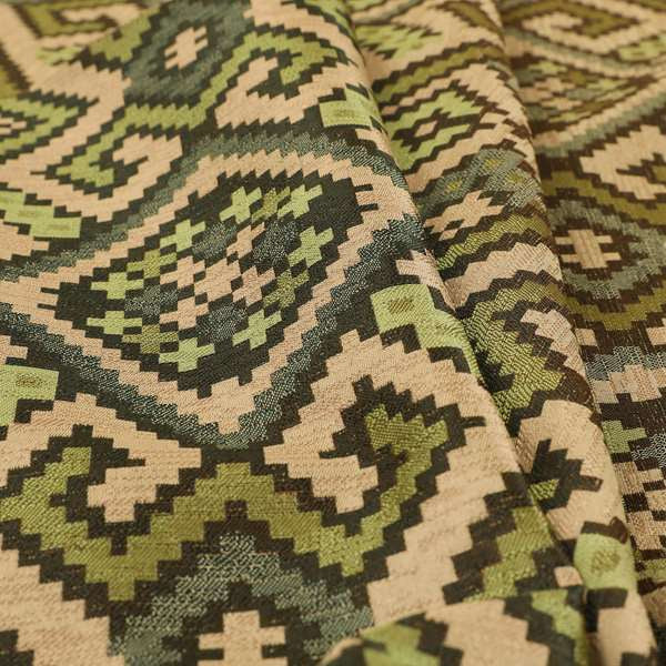 Inegal Modern Kilim Tetris Geometric Pattern Upholstery Furnishing Fabric In Green CTR-633 - Roman Blinds