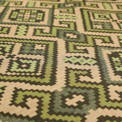 Inegal Modern Kilim Tetris Geometric Pattern Upholstery Furnishing Fabric In Green CTR-633 - Roman Blinds