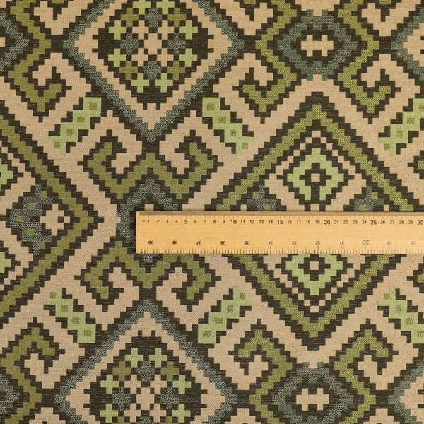 Inegal Modern Kilim Tetris Geometric Pattern Upholstery Furnishing Fabric In Green CTR-633 - Made To Measure Curtains