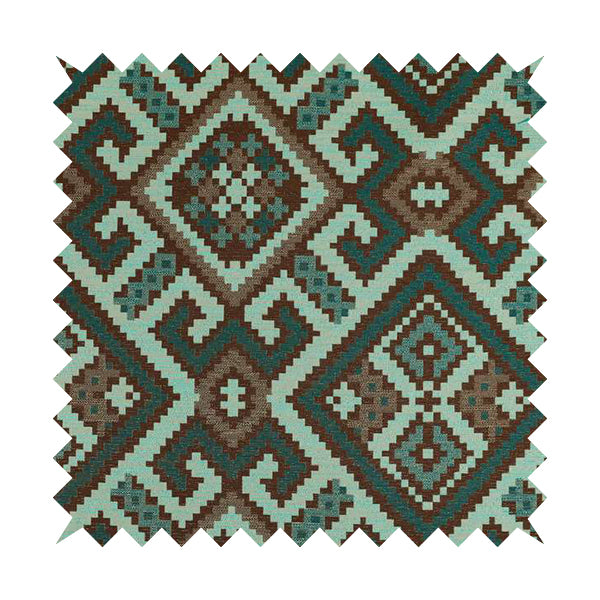 Inegal Modern Kilim Tetris Geometric Pattern Upholstery Furnishing Fabric In Blue CTR-634 - Made To Measure Curtains