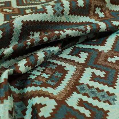 Inegal Modern Kilim Tetris Geometric Pattern Upholstery Furnishing Fabric In Blue CTR-634 - Roman Blinds