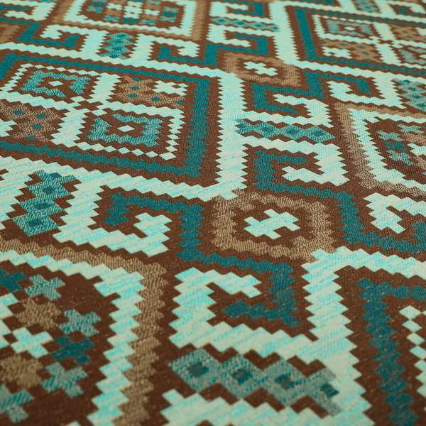 Inegal Modern Kilim Tetris Geometric Pattern Upholstery Furnishing Fabric In Blue CTR-634 - Roman Blinds