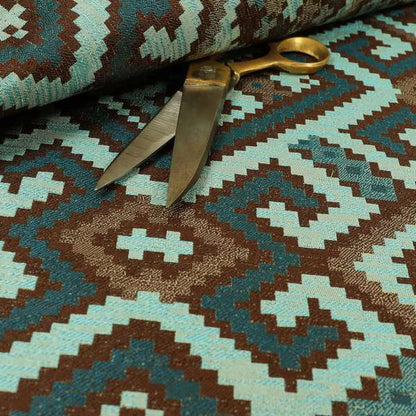 Inegal Modern Kilim Tetris Geometric Pattern Upholstery Furnishing Fabric In Blue CTR-634 - Made To Measure Curtains