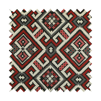 Inegal Modern Kilim Tetris Geometric Pattern Upholstery Furnishing Fabric In Black Red CTR-637 - Roman Blinds