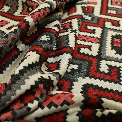 Inegal Modern Kilim Tetris Geometric Pattern Upholstery Furnishing Fabric In Black Red CTR-637 - Roman Blinds