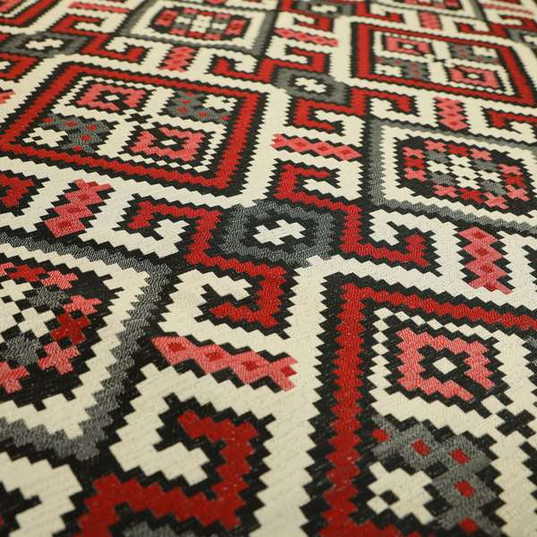 Inegal Modern Kilim Tetris Geometric Pattern Upholstery Furnishing Fabric In Black Red CTR-637 - Roman Blinds