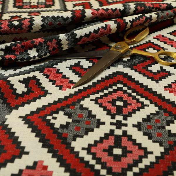 Inegal Modern Kilim Tetris Geometric Pattern Upholstery Furnishing Fabric In Black Red CTR-637 - Made To Measure Curtains