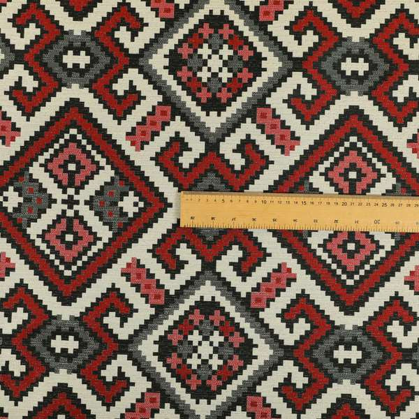 Inegal Modern Kilim Tetris Geometric Pattern Upholstery Furnishing Fabric In Black Red CTR-637 - Made To Measure Curtains