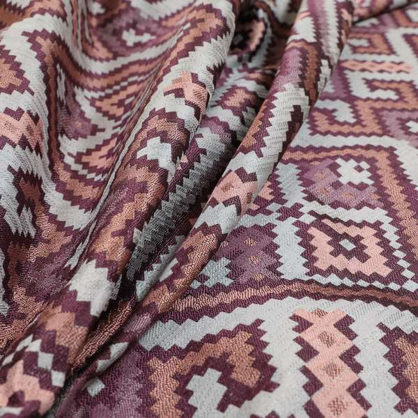 Inegal Modern Kilim Tetris Geometric Pattern Upholstery Furnishing Fabric In Purple Pink CTR-638 - Made To Measure Curtains