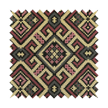 Inegal Modern Kilim Tetris Geometric Pattern Upholstery Furnishing Fabric In Black Beige Pink CTR-639 - Roman Blinds