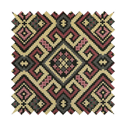 Inegal Modern Kilim Tetris Geometric Pattern Upholstery Furnishing Fabric In Black Beige Pink CTR-639 - Made To Measure Curtains