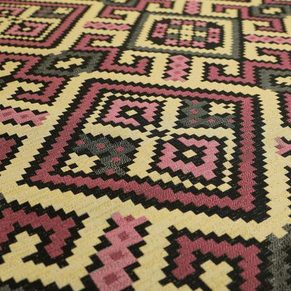 Inegal Modern Kilim Tetris Geometric Pattern Upholstery Furnishing Fabric In Black Beige Pink CTR-639 - Made To Measure Curtains