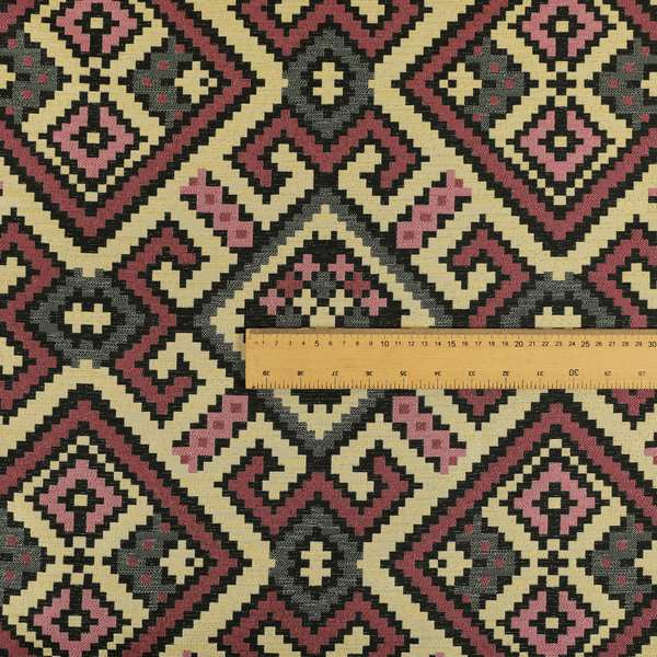 Inegal Modern Kilim Tetris Geometric Pattern Upholstery Furnishing Fabric In Black Beige Pink CTR-639 - Made To Measure Curtains