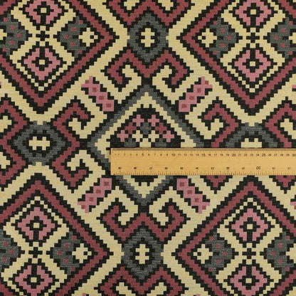 Inegal Modern Kilim Tetris Geometric Pattern Upholstery Furnishing Fabric In Black Beige Pink CTR-639 - Made To Measure Curtains