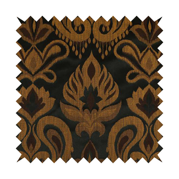 Menuett Floral Damask Pattern Upholstery Curtain Furnishing Fabric In Black Gold CTR-640 - Made To Measure Curtains