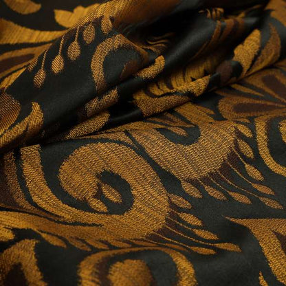 Menuett Floral Damask Pattern Upholstery Curtain Furnishing Fabric In Black Gold CTR-640 - Roman Blinds