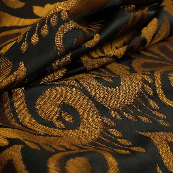 Menuett Floral Damask Pattern Upholstery Curtain Furnishing Fabric In Black Gold CTR-640 - Made To Measure Curtains