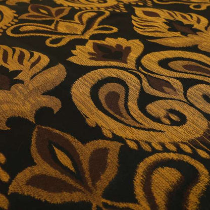 Menuett Floral Damask Pattern Upholstery Curtain Furnishing Fabric In Black Gold CTR-640 - Made To Measure Curtains