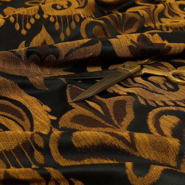 Menuett Floral Damask Pattern Upholstery Curtain Furnishing Fabric In Black Gold CTR-640 - Made To Measure Curtains