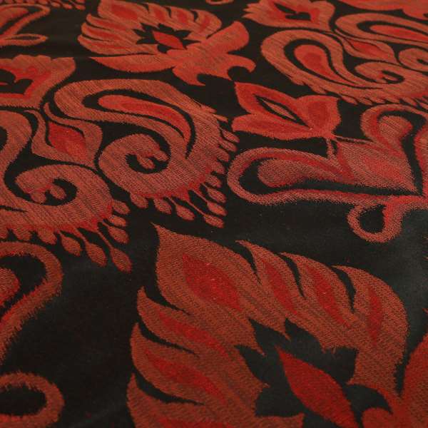 Menuett Floral Damask Pattern Upholstery Curtain Furnishing Fabric In Black Red CTR-641 - Made To Measure Curtains