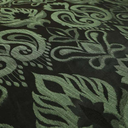 Menuett Floral Damask Pattern Upholstery Curtain Furnishing Fabric In Black Green CTR-642 - Roman Blinds