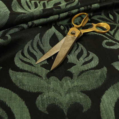 Menuett Floral Damask Pattern Upholstery Curtain Furnishing Fabric In Black Green CTR-642 - Roman Blinds