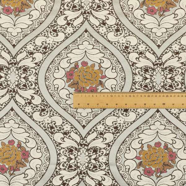 Lydia Floral Damask Soft Chenille Pattern Furnishing Fabric In Brown White Orange CTR-649 - Made To Measure Curtains