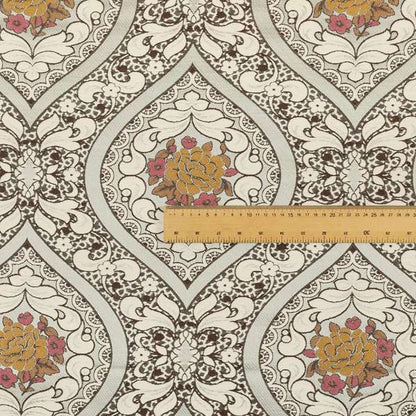 Lydia Floral Damask Soft Chenille Pattern Furnishing Fabric In Brown White Orange CTR-649 - Made To Measure Curtains