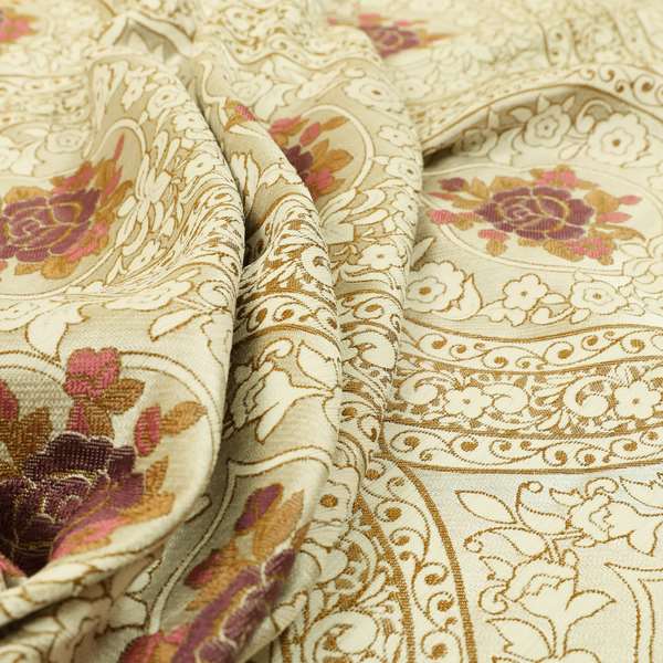 Lydia Floral Damask Soft Chenille Pattern Furnishing Fabric In Cream White Purple CTR-650 - Made To Measure Curtains