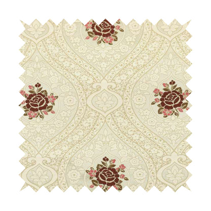 Lydia Floral Damask Soft Chenille Pattern Furnishing Fabric In Cream White Red CTR-651