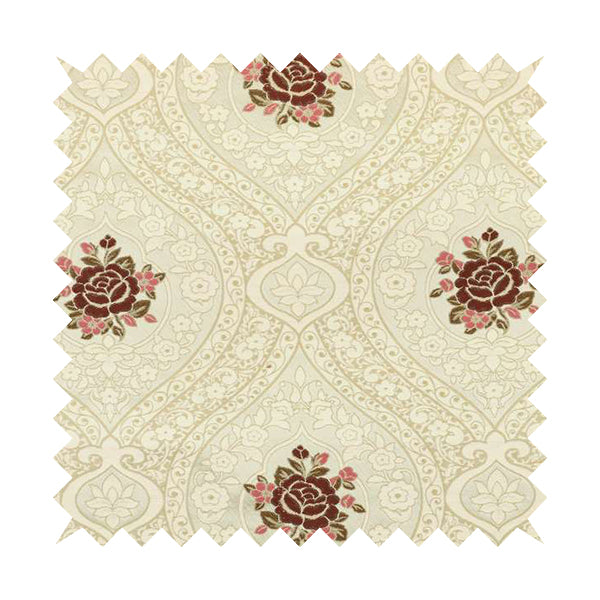 Lydia Floral Damask Soft Chenille Pattern Furnishing Fabric In Cream White Red CTR-651 - Made To Measure Curtains