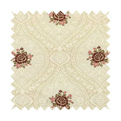 Lydia Floral Damask Soft Chenille Pattern Furnishing Fabric In Cream White Red CTR-651 - Made To Measure Curtains