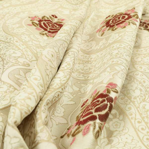 Lydia Floral Damask Soft Chenille Pattern Furnishing Fabric In Cream White Red CTR-651 - Made To Measure Curtains