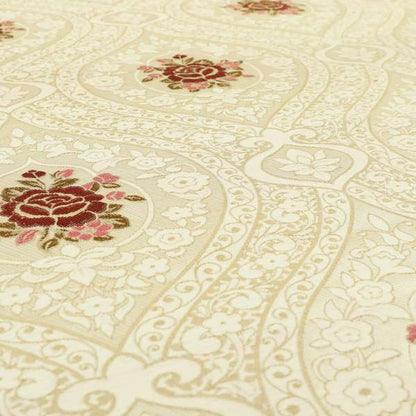 Lydia Floral Damask Soft Chenille Pattern Furnishing Fabric In Cream White Red CTR-651 - Roman Blinds