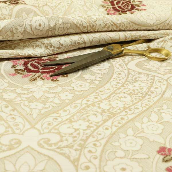 Lydia Floral Damask Soft Chenille Pattern Furnishing Fabric In Cream White Red CTR-651 - Roman Blinds