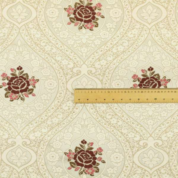 Lydia Floral Damask Soft Chenille Pattern Furnishing Fabric In Cream White Red CTR-651