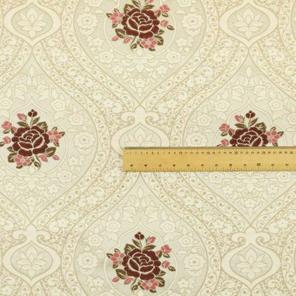 Lydia Floral Damask Soft Chenille Pattern Furnishing Fabric In Cream White Red CTR-651 - Made To Measure Curtains