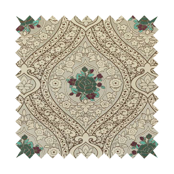 Lydia Floral Damask Soft Chenille Pattern Furnishing Fabric In Cream White Teal CTR-652 - Roman Blinds