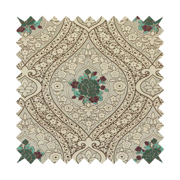 Lydia Floral Damask Soft Chenille Pattern Furnishing Fabric In Cream White Teal CTR-652