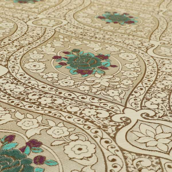 Lydia Floral Damask Soft Chenille Pattern Furnishing Fabric In Cream White Teal CTR-652