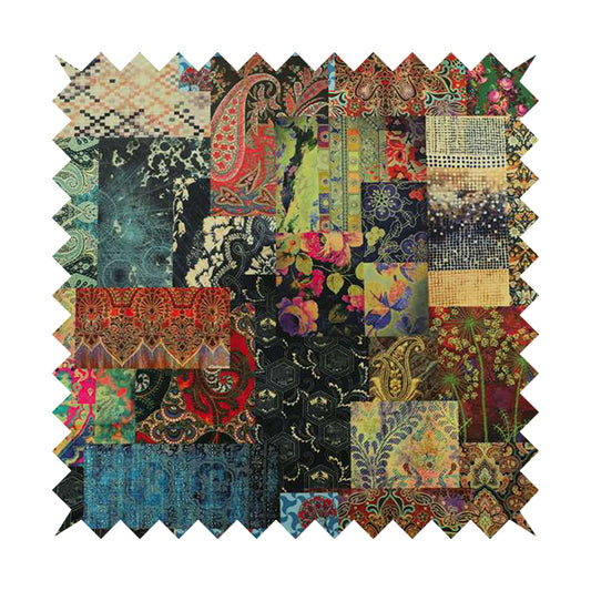 Freedom Printed Velvet Fabric Collection Wonderland Patchwork Pattern In Multi Colours Upholstery Fabric CTR-66
