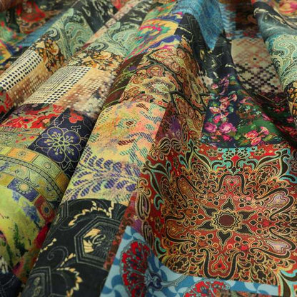 Freedom Printed Velvet Fabric Collection Wonderland Patchwork Pattern In Multi Colours Upholstery Fabric CTR-66